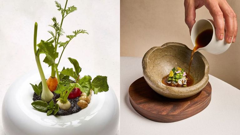 A la izquierda el plato «Huerto» de NM, en Oviedo. A la derecha un plato de guisantes lágrima sobre un lecho de tallarines de calamar y consomé de jamón ibérico del restaurante gijonés Marcos