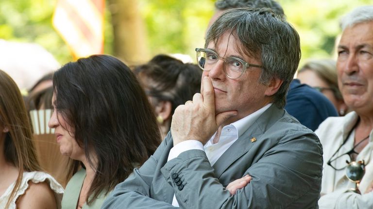 El expresidente Carles Puigdemont, durante un acto de celebración del cuarto aniversario de la fundación de Junts, en Francia