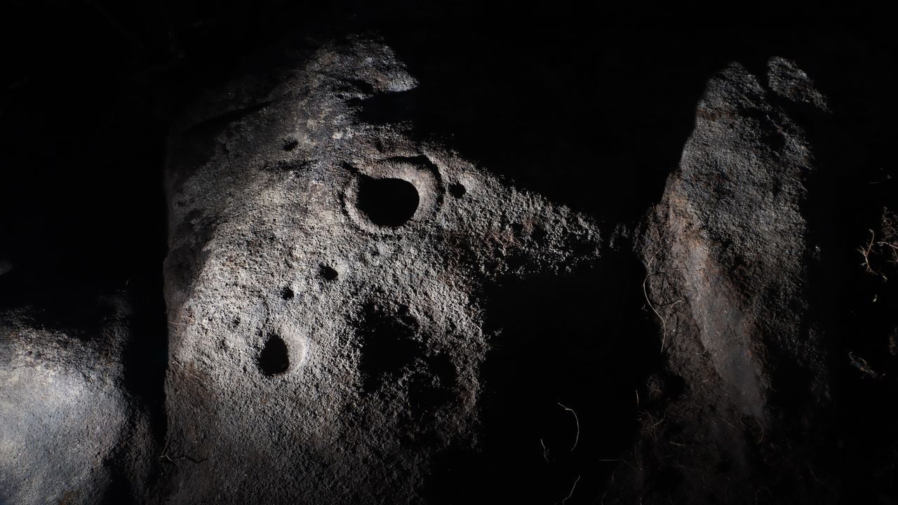 Aspecto de los grabados de Pedra Moscalleira, en Laxe.