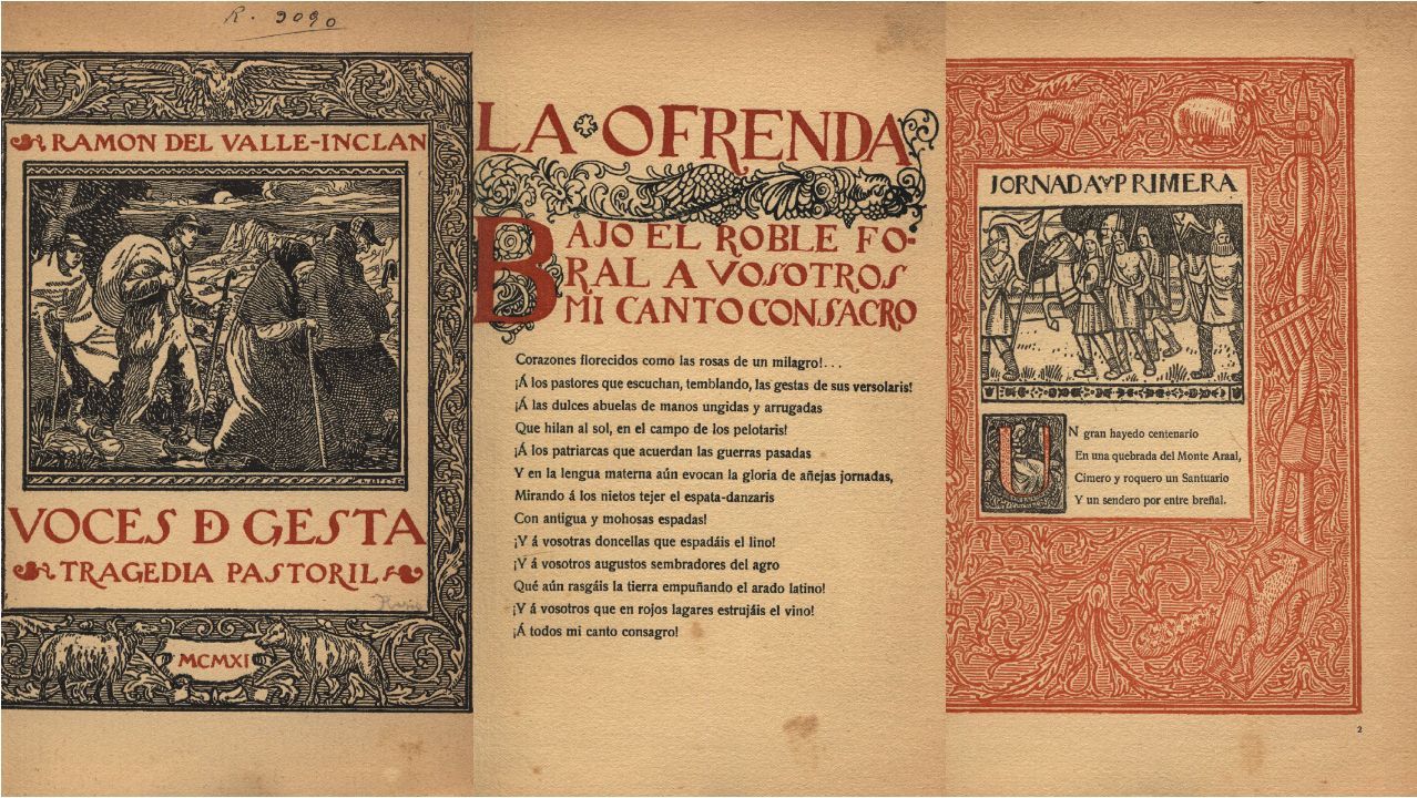 Composición con la portada de «Voces de gesta» y ejemplos de capitulares e ilustraciones de la obra