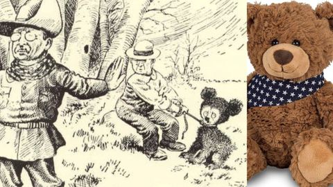 Caricatura satírica de la época en la que se muestra a Theodore Roosevelt negándose a disparar a una cría de oso.