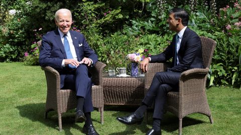 US President Joe Biden with UK Prime Minister Rishi Sunak during their meeting in the garden of 10 Downing Street in London, as part of their visit to the UK on July 10, 2023.