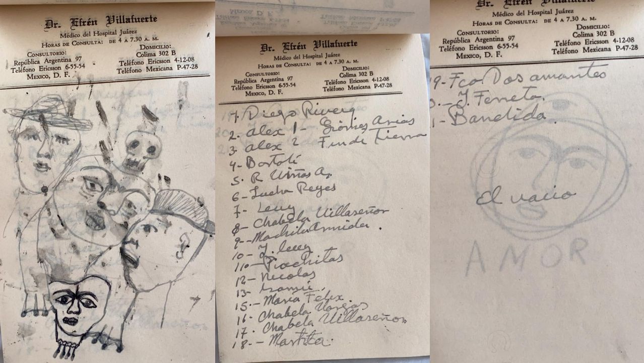 Composición con tres hojas del cuaderno con la lista de los veinte amantes más señalados de Frida Kahlo