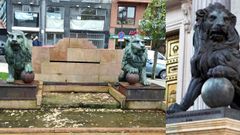 A la izquierda, los leones de Oviedo en la plaza de Castilla. A la derecha, uno de los felinos del Congreso.