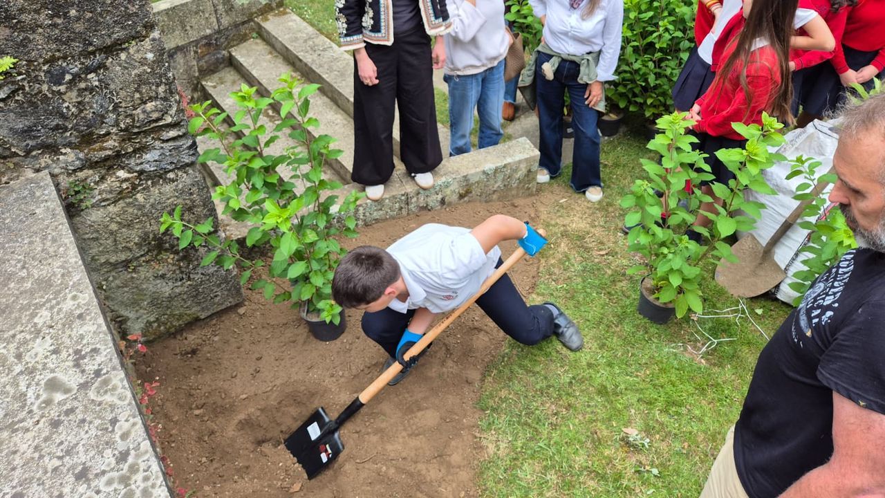 Alumnos de sexto de las Disc�pulas plantaron ayer especies ornamentales en el parque Ra��a Sof�a en Ferrol.