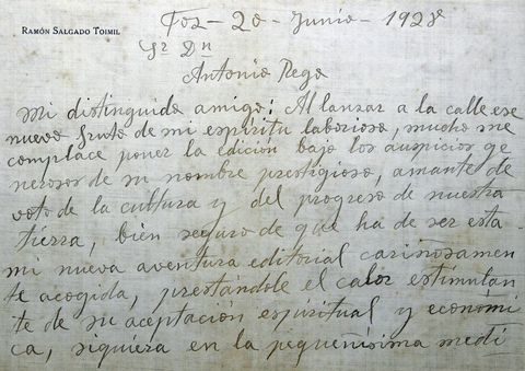 Uno de los grandes maestros gallegos, que muri en Foz en 1942, y f fue el lucense salgado Toimil. La carta es de 1928. 