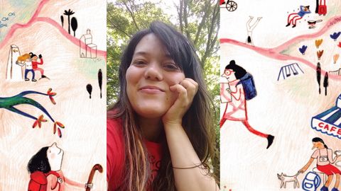 Sabela Losada Cortizas, autora de «O Camiño das mulleres», con la capa del libro de fondo
