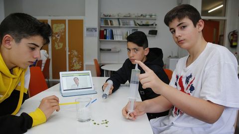 El vídeo se puede poner cuantas veces sea necesario, ya que hay que cumplir los pasos. El grupo de Nuno, Iván y Hodei le quita el aire a la solución, que ya tiene bicarbonato y jabón, porque si queda aire las hojas no se hunden. Es más difícil hacerlo que decirlo