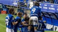 gol Arribas Real Oviedo Mallorca Carlos Tartiere.Los futbolistas azules celebran el tanto de Arribas