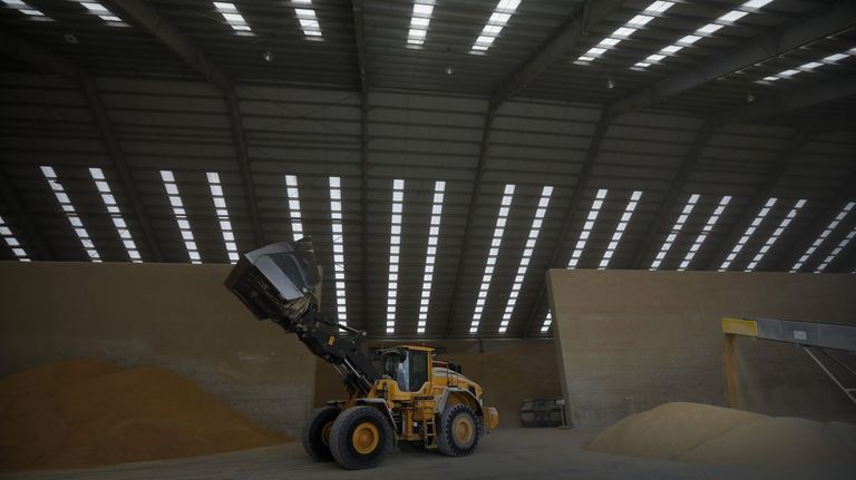Dentro de los almacenes, en la imagen una de las modernas instalaciones del Grupo Nogar en Langosteira, la mercancía se mueve con excavadoras. Esas máquinas también se usan para amontonar la carga dentro del barco y facilitar así el trabajo de la grúa