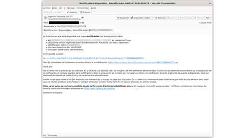 Ejemplo de intento de estafa suplantando a la Agencia Tributaria
