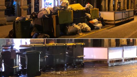 Los contenedores de la plaza de Lugo estaban sin recoger ayer a las 22.00 horas, pero esta maana, ya no haba basura en ellos