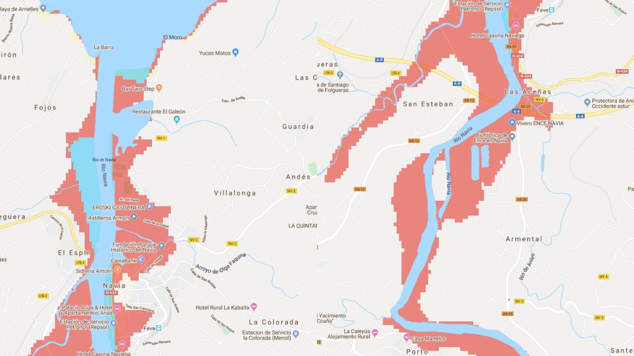 La superficie afectada en Navia, uno de los municipios con más riesgo de inundaciones marítimas