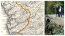 El mapa y los promotores. Detalle del mapa de 1704 que Cástor Pérez Casal descubrió recientemente en sus investigaciones cartográficas y que prácticamente calca el trazado que defienden para el Camiño Miñoto Ribeiro, entre Braga y Santiago (con el paso sobre el río Ulla por Sarandón), y que en la imagen aparece subrayado para facilitar su lectura. A la derecha, Pérez Casal y José Ramón Estévez, verdaderos promotores del proyecto, en Ribadavia, retratados por Santi M. Amil en el puente medieval de A Veronza (sobre el río Maquiáns, afluente del Avia), que forma parte del nuevo camino xacobeo