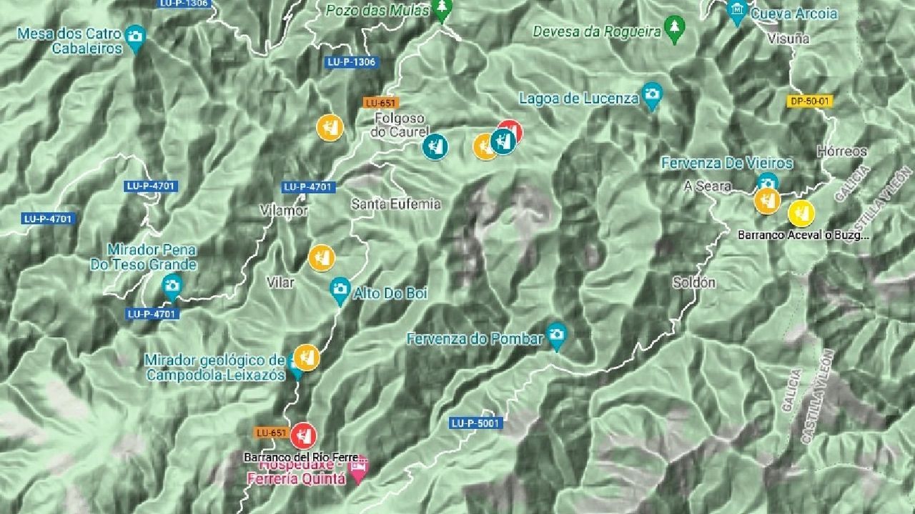 Luces desde el acantilado.Rutas de barranquismo del geoparque Montaas do Courel en el mapa de la web Infobarrancos.es