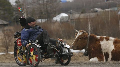Un vecino de Siberia rueda con su vehiculo de tres ruedas frente a una vaca