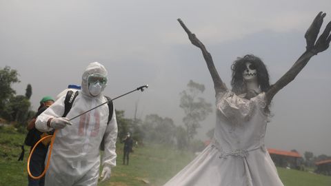 Un trabajador con traje de bioseguridad desinfecta, como medida de protección contra la pandemia, un árbol caracterizado como la Santa Muerte en un área de las Chinampas, en México