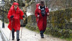 Dos peregrinos del Camino de Invierno pasando por la Alameda de Chantada