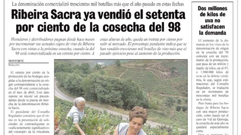 Una pgina de La Voz publicada en mayo de 1999 en la que se informa sobre el auge que viva entonces la denominacin Ribeira Sacra en cuanto a venta de vinos 