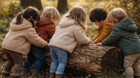 bosque escuela ni�os naturaleza.Un grupo de ni�os interactuando con el entorno