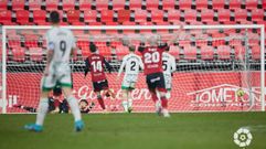 Los jugadores del Mirands celebran el 1-0 de Ral Garca al Oviedo