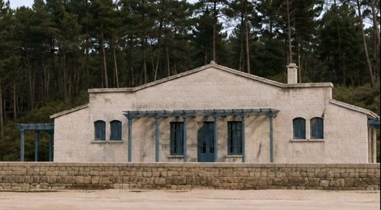 Recreaci&oacute;n con IA de casa de ba&ntilde;os en la playa de Samil para Jos&eacute;, hermano de Antonio Palacios, que fue concebida en 1929. La imagen forma parte del documental A Pontevedra de Antonio Palacios, de la productora Arraianos y direcci&oacute;n del proyecto de Aser &Aacute;lvarez