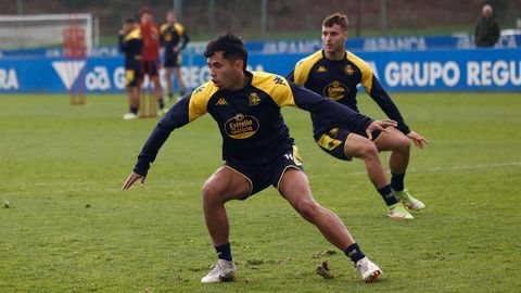 Luis Quintero, durante un entrenamiento con el Deportivo