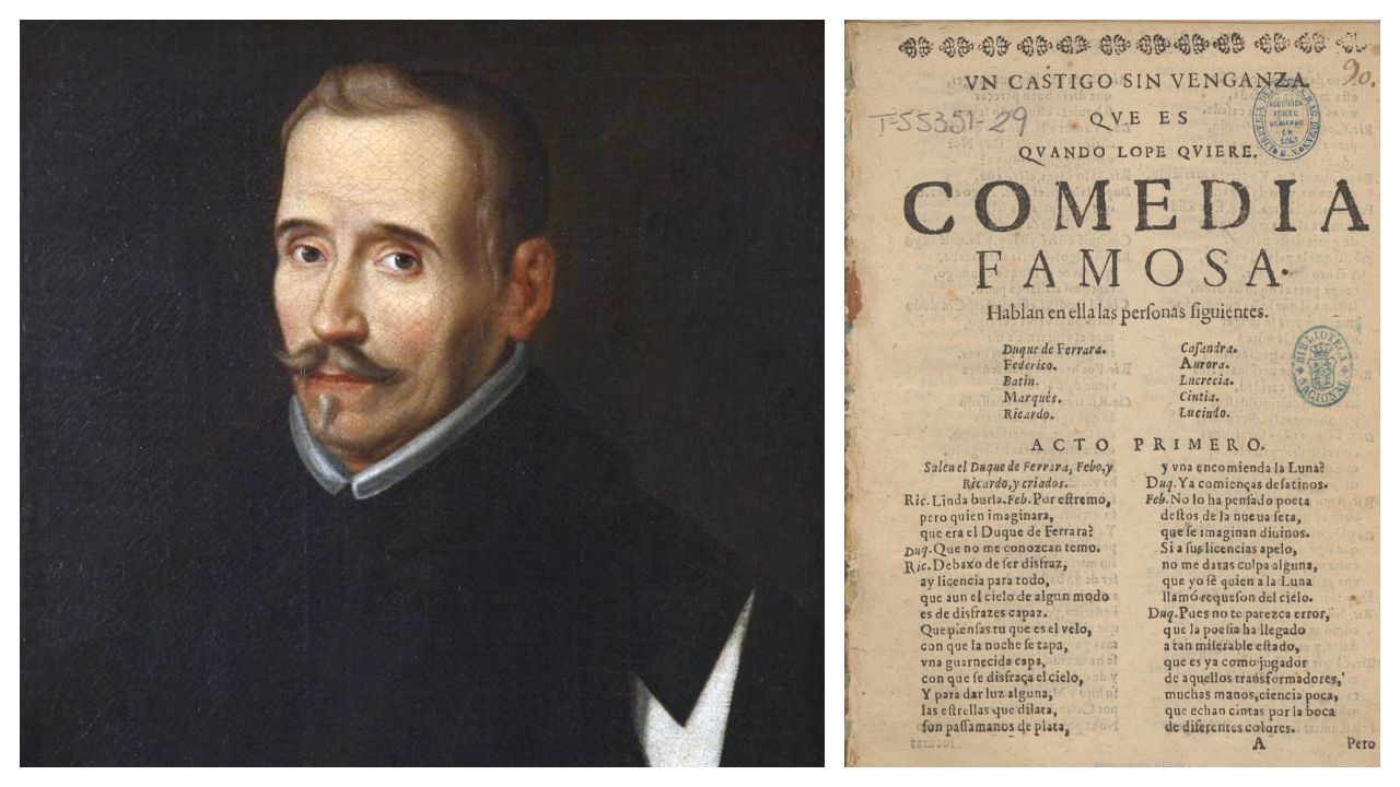 Lope de Vega, retratado con la cruz de caballero de la Orden de Malta. A la derecha, la edición ilegal que recoge el primer título que figuró en el autógrafo, «Un castigo sin venganza» (y no «El castigo sin venganza»)