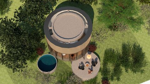 Vista aérea de los bungalós, con porche y piscina propia,