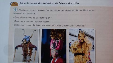 Imagen del libro de quinto de Primaria que confunde el boteiro de Viana con otras máscaras de entroido