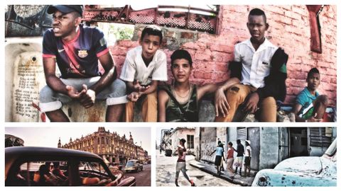 Los jóvenes, en las calles de La Habana, ociosos, como esperando que surta el deshielo. Abajo, detalle del antiguo Centro Gallego