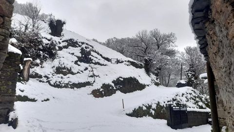 Otro aspecto de la nevada registrada este sbado por la maana en la localidad de Meiraos, en el municipio de Folgoso do Courel
