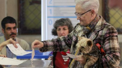 Una vecina de San Sebastin ejerce su derecho a voto acompaada por su perro.