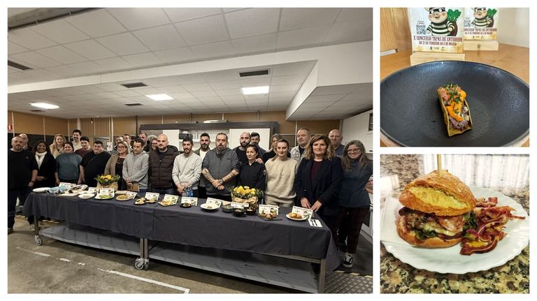Los participantes del concurso de tapas de Narón y a la derecha las dos tapas ganadoras: arriba la de A Serra y abajo la de O Tapeo