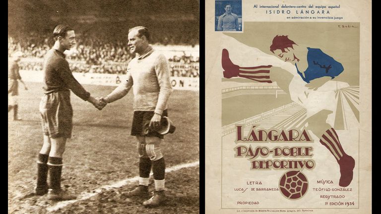A la izquierda, Zamora saluda a Isidro Lángara antes de un partido internacional. A la derecha, la ilustración de un pasodoble dedicado al delantero