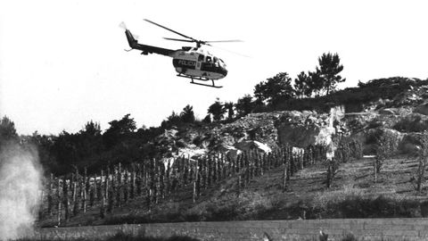 Un helicóptero de la policía sobrevuela los viñedos del pazo Baión durante la operación Nécora